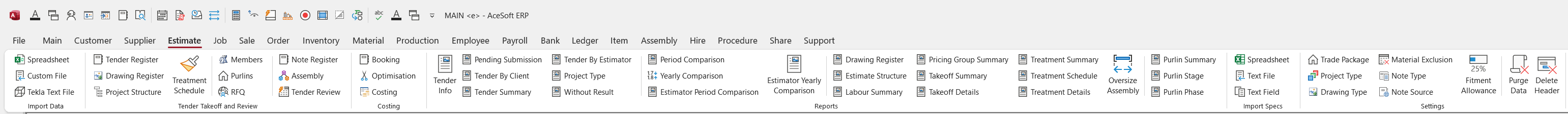AceSoftERP estimate menu ribbon