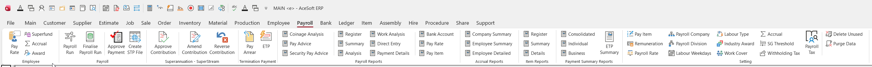 AceSoftERP payroll menu ribbon