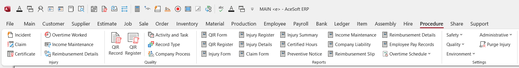 AceSoftERP procedure QA and QC menu ribbon