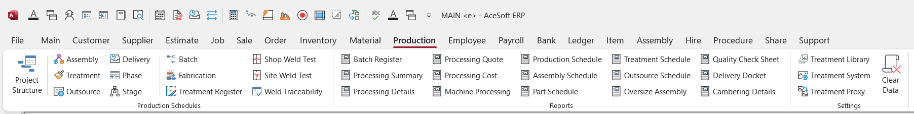 AceSoftERP production menu ribbon